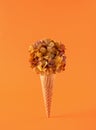 Ice cream cone with fall flowers on orange background. Creatve autumn still life thanksgiving concept