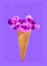 Ice cream cone filled with flowers, Unusual bouquet or gift concept. Modern design. Contemporary art collage.