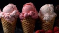 Ice cream cone flat lay over a dark background. White vanilla, strawberry and dark chocolate flavors Royalty Free Stock Photo