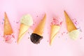 Ice cream cone flat lay over a pink background Royalty Free Stock Photo