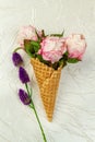 Ice Cream Cone With Flowers And Purple Clover.
