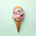 Ice cream cone with flowers. Summer minimal concept. Bouquet of flowers in icecream waffle cone. Trendy layout, AI generated