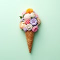 Ice cream cone with flowers. Summer minimal concept. Bouquet of flowers in icecream waffle cone. Trendy layout, AI generated