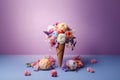 Ice cream cone with flowers. Summer minimal concept. Bouquet of flowers in icecream waffle cone. Trendy layout, AI generated