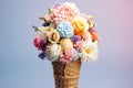 Ice cream cone with flowers. Summer minimal concept. Bouquet of flowers in icecream waffle cone. Trendy layout, AI generated