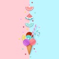 Ice cream cone, Fruit, Background, 3D, Pastel. Minimal summer food concept. Vector