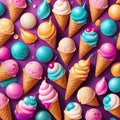 ice cream cones, ice-cream flatlay abstract background vector illustration aesthetically pleasing photorealistic, generative AI