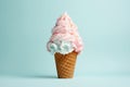 Ice cream cone greeting card. Minimal Christmas or New Year winter holidays concept. Waffle cone and icecream, AI generated