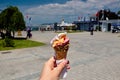 Ice cream cone in hand on an island in Turkey in the Sea of Marmara.