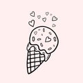 Ice cream. Ice cream cone with hearts. Vector linear illustration in doodle style. Freehand drawing. Royalty Free Stock Photo