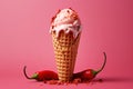 ice cream cone with hot red chili pepper on pink background Royalty Free Stock Photo