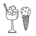 Ice cream cone and ice cream bowl hand drawn doodle vector illustration