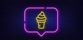 Ice cream cone line icon. Vanilla sundae waffle sign. Neon light speech bubble. Vector