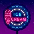 Ice cream cone neon billboard. Candy shop emblem. Summer cold dessert. Isolated vector stock illustration Royalty Free Stock Photo