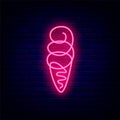 Ice cream cone neon icon. One line drawing. Candy shop emblem. Summer dessert. Isolated vector illustration Royalty Free Stock Photo