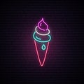 Ice cream cone neon sign. Bright signboard. Royalty Free Stock Photo