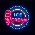 Ice cream cone neon sign. Candy shop emblem. Summer dessert. Isolated vector stock illustration Royalty Free Stock Photo