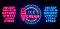 Ice cream cone neon sign with shiny alphabet. Candy shop emblem. Summer dessert. Isolated vector illustration Royalty Free Stock Photo