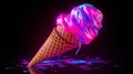 An ice cream cone with pastel pink and blue swirls on a white background. Generative ai