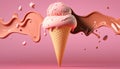 Ice cream in a cone on pink background. Illustration of dessert and splash of chocolate, fruit, topping. Royalty Free Stock Photo