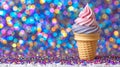 Ice cream cone with pink and blue frosting on blurred confetti background with copyspace. Retro nostalgia vibe