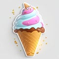 Ice cream cone with pink and blue icing and golden confetti