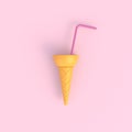 Ice cream cone with pink drinking straws abstract minimal pink background, Food concept Royalty Free Stock Photo