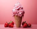 an ice cream cone with pink frosting and strawberries on a pink background Royalty Free Stock Photo