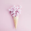 Ice cream cone with pink roses and hearts. Spring and summer Floral style. Flat lay