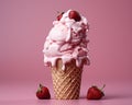 an ice cream cone with pink ice cream and strawberries on a pink background Royalty Free Stock Photo