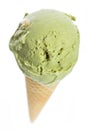 An ice cream cone with pistachio ice cream from bird`s eye view Royalty Free Stock Photo