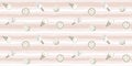 Dessert seamless pattern with kawaii ice cream cone, popsicle and donut on a beige striped background with polka dots