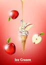 Ice cream in the cone, Pour apple syrup and a lot of apple background, transparent Vector