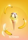 Ice cream in the cone, Pour chocolate syrup and a lot of banana background