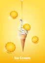 Ice cream in the cone, Pour lemon syrup and a lot of lemon background, transparent Vector