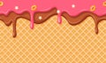 Ice cream cone seamless pattern. Waffle texture with melting strawberry and chocolate glaze. Dripping syrup with