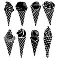 Ice cream cone silhouettes set, various cold desserts with and without toppings