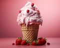 an ice cream cone with strawberries on a pink background Royalty Free Stock Photo