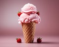 an ice cream cone with strawberries on a pink background Royalty Free Stock Photo