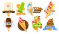 Ice cream cone, summer food, sweet dessert vanilla flavor, strawberry colorful set, design, in cartoon style vector Royalty Free Stock Photo
