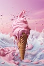 Ice cream in a waffle cone with splashes and drops of pink paint.