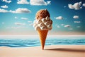 Ice cream cone with sweet toppings on beach sea and blue sky in summer background. Summer food and fun concept. Digital art