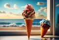 Ice cream cone with sweet toppings on beach sea and blue sky in summer background. Summer food and fun concept. Digital art