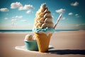 Ice cream cone with sweet toppings on beach sea and blue sky in summer background. Summer food and fun concept. Digital art