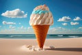 Ice cream cone with sweet toppings on beach sea and blue sky in summer background. Summer food and fun concept. Digital art