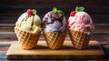 Ice cream in cone: Swirled peaks of creamy delight nestled in a crisp cone, a classic treat