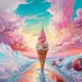 Ice cream cone and topping in the middle of a road in a dream-like world. Colourful sky and clouds