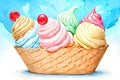 Ice cream cone cherry blueberry strawberry lime vanilla flavor dish