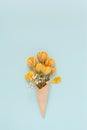 Ice cream cone with tulip flowers. Flat lay, copy space Royalty Free Stock Photo