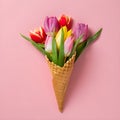 Ice cream cone with tulip flowers. Royalty Free Stock Photo